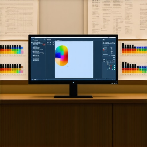 Calibrated Professional Display with Sensor Technology A sleek professional monitor with built-in calibration sensor in a studio setting with color charts and ambient light control.