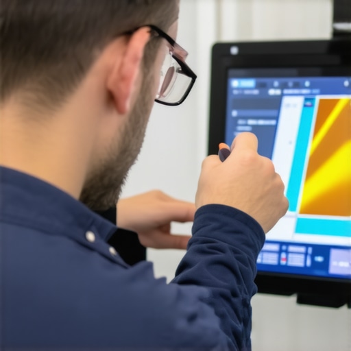 Technician calibrating a high-end professional HDR monitor with colorimeter