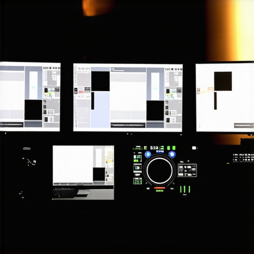 Optimized Video Editing Workspace with Calibrated Monitors A professional video editing setup featuring multiple color-accurate calibrated monitors in a controlled environment.