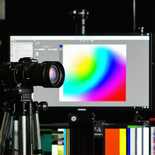 Technician calibrating HDR monitor with specialized device in studio environment