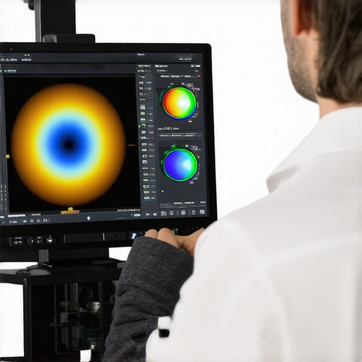 A professional content creator calibrating a high-end monitor using spectral measurement tools, highlighting advanced calibration techniques.